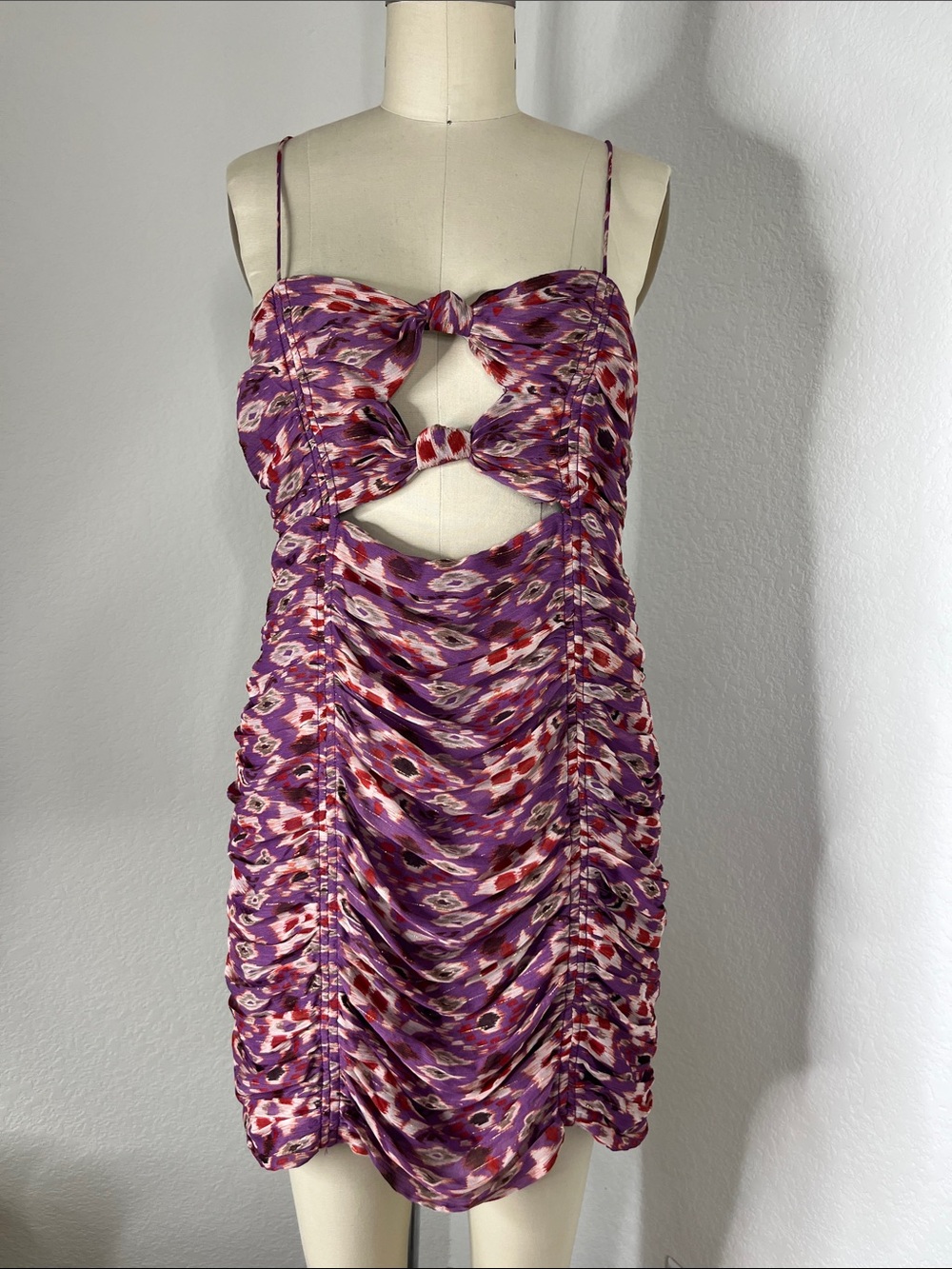 Zara Ruched Metallic Tie Dye Ikat Knotted Strappy Low Back Mini Swetheart Dress